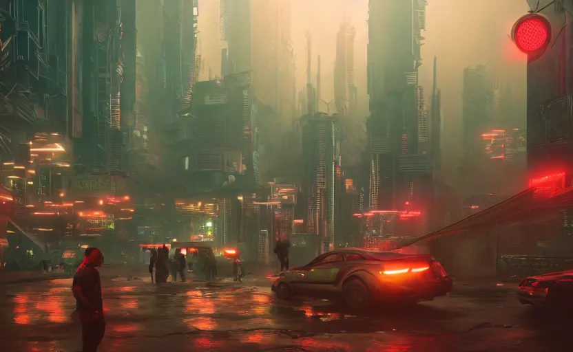 Image similar to matte painting environment design of dystopian cyberpunk city with neon lights, people on the streets being monitored by flying drones, trending on artstation, painted by dreadjim, eddie mendoza, james paick, ultra realistic, volumetric lighting, 4k, octane render