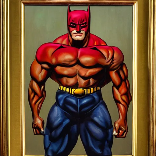 Image similar to A portrait painting of a masculine bodybuilder in the clothing of the Batman