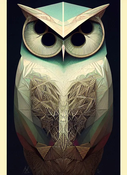 Image similar to portrait of a geometric owl, identical eyes, medium shot, illustration, full body made of white feathers, symmetrical, art stand, super detailed, cinematic lighting, and its detailed and intricate, gorgeous, by peter mohrbacher