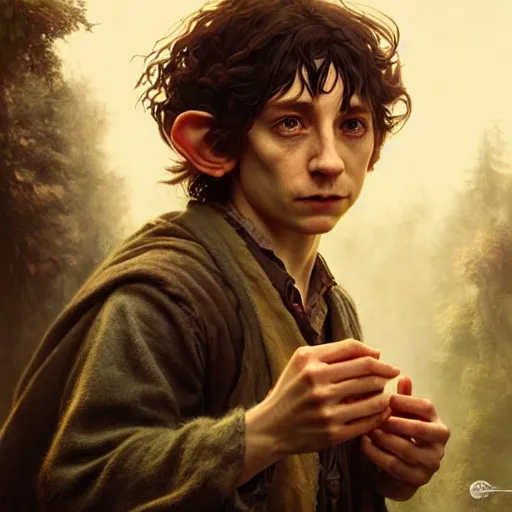 Image similar to A druggie hobbit, ultra realistic, concept art, intricate details, eerie, highly detailed, photorealistic, octane render, 8k, unreal engine, art by artgerm and greg rutkowski and alphonse mucha