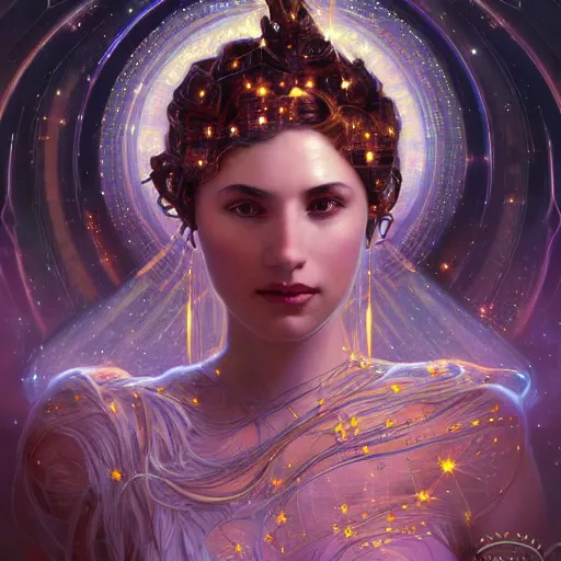 Prompt: portrait of a cosmic goddess, suit made out of stars and galaxies and cosmic energy, intricate, headshot, highly detailed, digital painting, artstation, concept art, sharp focus, cinematic lighting, illustration, art by artgerm and greg rutkowski, alphonse mucha, cgsociety