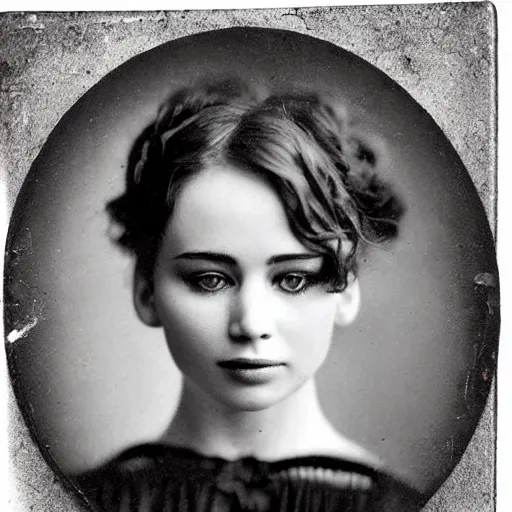 Prompt: victorian photograph of a mix of jennifer lawrence and lilly collins, 1 8 9 0 s photography, 1 9 0 0, realistic face, symmetrical face, studio photograph, grainy, edwardian, old photo