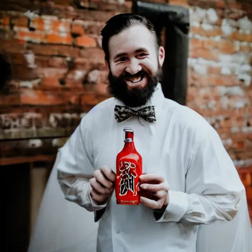 Prompt: man with short beard grinning sinisterly in a wedding dress holding a bottle of sriracha