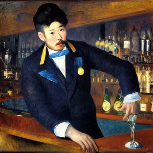 Image similar to portrait of a male bartender, chinese, muscular, brushed - back hair, half - robot, navy zhongshan suit, light blue ascot, monocle, in a bar lit by gold and silver neon lights, manet, renoir, impressionist