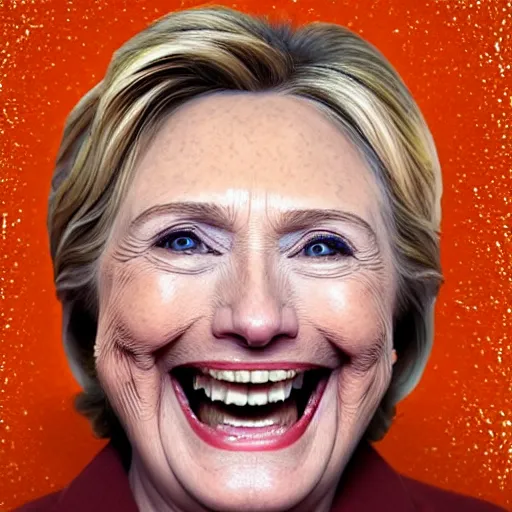 Image similar to portrait of president hillary clinton as a smiling laughing bright orange lizard person with bumpy skin, airbrush painting, hyper detailed, 8 k, photorealism.