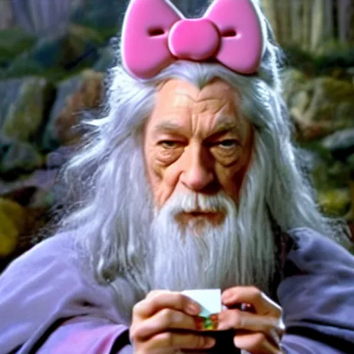 Image similar to portraid of gandalf wearing a Hello Kitty costume, holding a blank playing card up to the camera, movie still from the lord of the rings