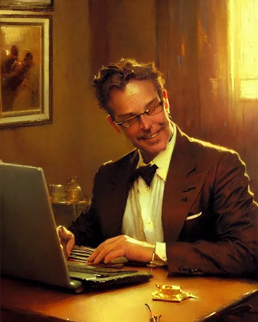 Image similar to attractive 4 5 year old man typing away at his desktop computer, watching the screen gleefully, golden hour painting by gaston bussiere, craig mullins, j. c. leyendecker