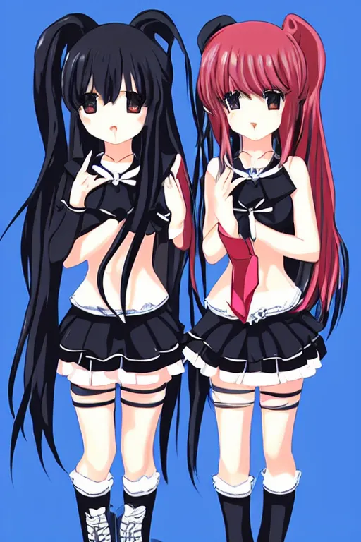 Image similar to two beautiful female idols with twintails standing chest to chest, dark background, soft anime art