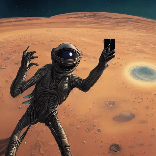 Image similar to alien taking a selfie on mars, dramatic lighting, cinematic, establishing shot, extremly high detail, photorealistic, cinematic lighting, artstation, style by James Gurney