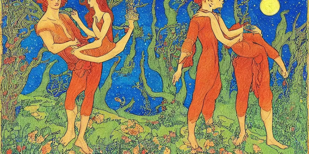 Prompt: a young couple who moved to another planet, hot weather, full growth, by Ivan Bilibin, Russian fairytales illustration