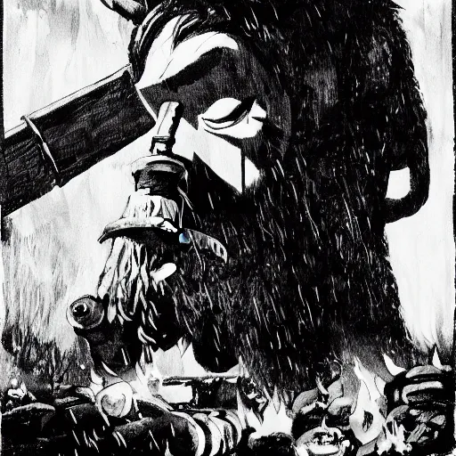 Image similar to norwegian troll blacksmith with sledgehammer and fire profile portrait half body monochrome portrait hammer dramatic kvlt by peder balke by guido crepax by norman bluhm mystic high contrast monochromatic noir