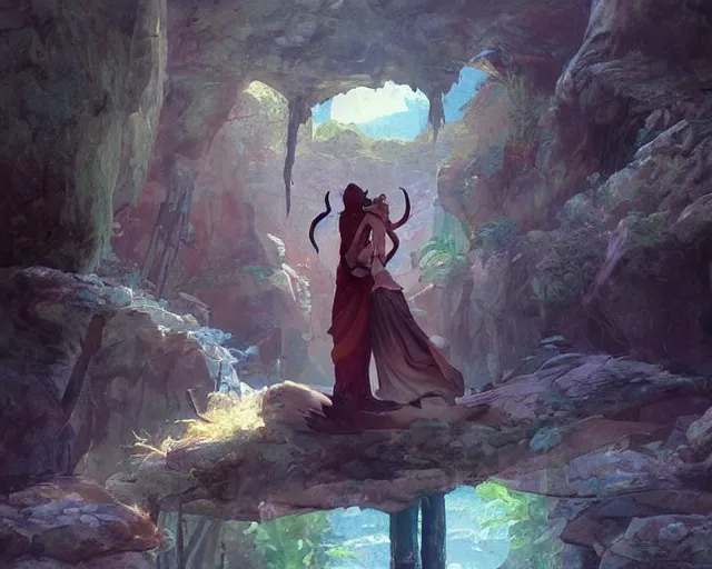 Image similar to a cinematic boy girl traditional romance moment, exploring the caves boho clothing, full body illustration, bestselling movie art poster, official media, 1970s fashion, dynamic lighting official anime media, incredible art by artgerm and greg rutkowski