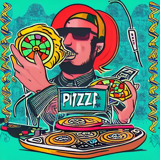 Image similar to DJ style album cover with pizza and words DJ FROZEN PIZZA, psychedelic, 16k, trending on artstation