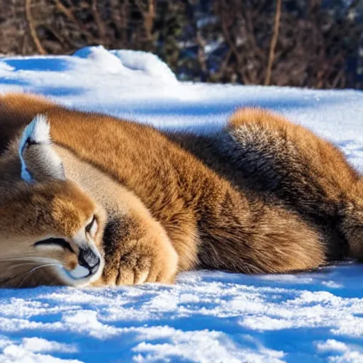 Image similar to fullbody photo still of sleepy drunk fat chubby caracal, lying sleeping on snowy ice, wearing coat, big stomach, fullbody, sunny winter day