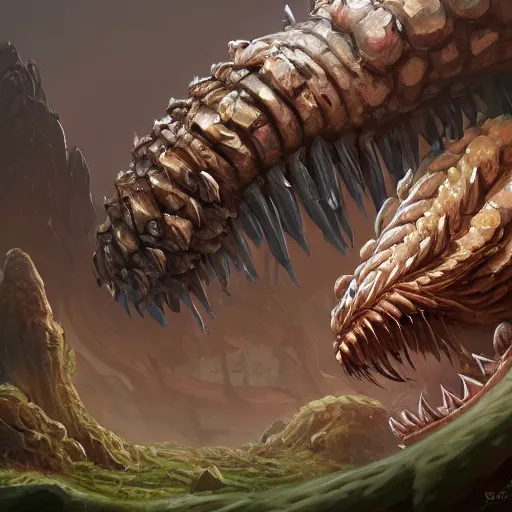 Image similar to a giant worm beast, worm monster, worm mouth, worm round mouth, rock and dust, worm brown theme, bright art masterpiece artstation. 8 k, sharp high quality artwork in style of jose daniel cabrera pena and greg rutkowski, concept art by tooth wu, blizzard warcraft artwork, hearthstone card game artwork, monster teeth