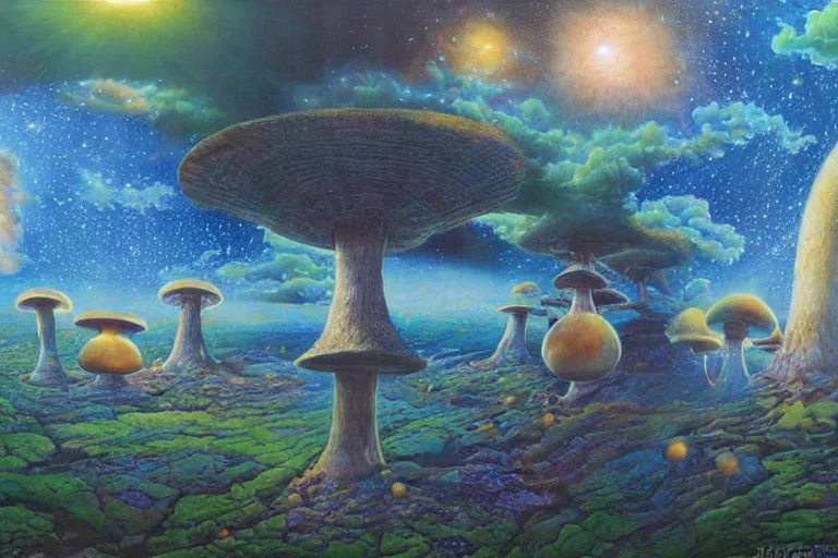 Image similar to how magic mushrooms can take us to the farthest reaches of innerspace, painting by james gurney