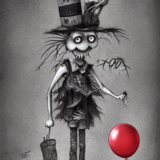 Prompt: surrealism grunge cartoon sketch of a scarecrow with a wide smile and a red balloon by - michael karcz, loony toons style, horror theme, detailed, elegant, intricate