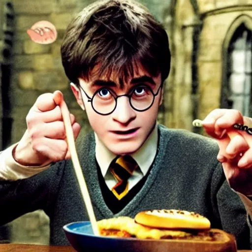 Image similar to Harry Potter eating a cheeseburger, photo realistic, award-winning, highly-detailed, epic, cinematic, dramatic