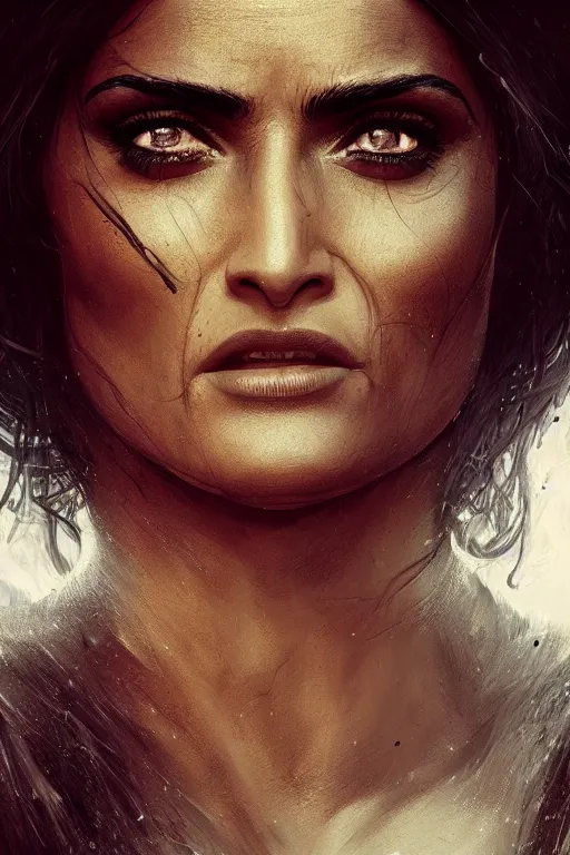 Image similar to portrait, Salma Hayek , barbarian , face portrait, raphael lacoste, eddie mendoza, alex ross, concept art, matte painting, highly detailed, rule of thirds, dynamic lighting, cinematic, detailed, denoised, centerd