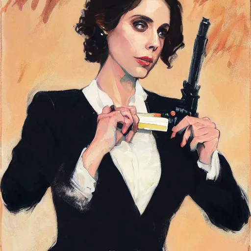 Image similar to alison brie wearing a tuxedo, holding a martini and a silenced pistol, intricate, elegant, highly detailed, greg manchess, mucha, liepke, ruan jia, jeffrey catherine jones, ridley scott