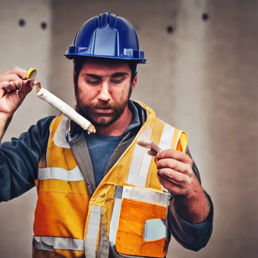 Prompt: Construction worker smoking a joint, DSLR photography