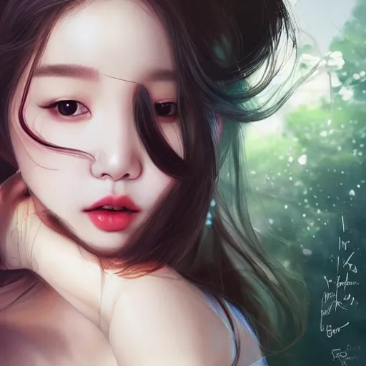 Image similar to IU, Korean Idol, Korean Artist, very detailed, digital art, concept art, studio quality, ethereal, art style by artgerm