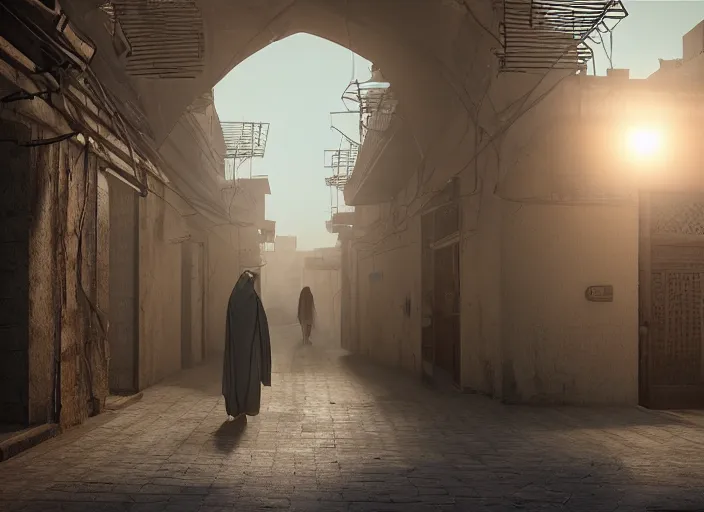 Prompt: old jeddah city alley, roshan, old shops, horse, magical glowing gate to another dimension, a man wearing a white robe standing watching over, dramatic lighting, dawn, by caspar david friedrich, unreal engine 5