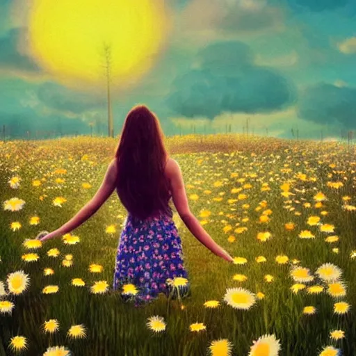 Image similar to head made of giant daisies, girl standing barefoot in a flower field, arms out stretched, surreal photography, sunrise dramatic light, impressionist painting, colorful clouds, large sky, digital painting, artstation, simon stalenhag, flower face