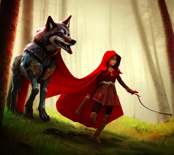 Prompt: an epic fantasy comic book style portrait painting of an extremely cute and adorable very beautiful little red riding hood riding on a wolf through the forest, unreal 5, daz, hyperrealistic, octane render, cosplay, rpg portrait, dynamic lighting, intricate detail, summer vibrancy, cinematic