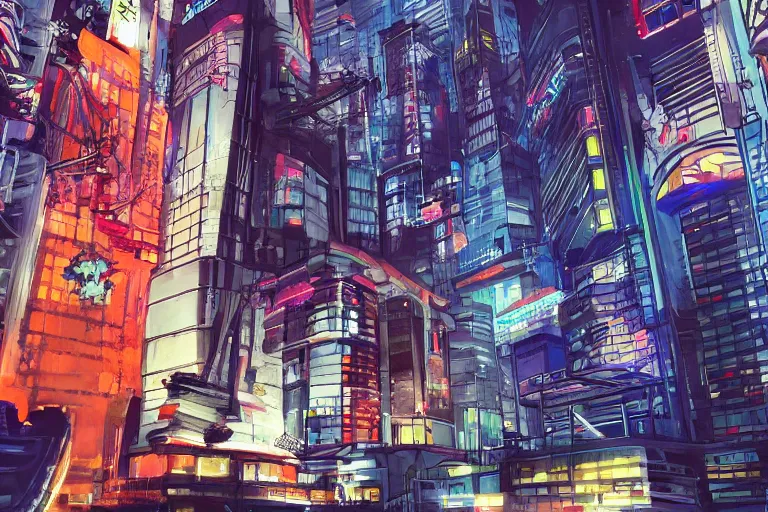 Prompt: studio gainax art, orange government building in a city, modern glass architecture, cyberpunk, intricate electronics, moody lighting