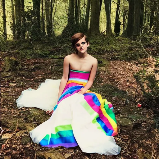 Image similar to photo of emma watson wearing a rainbow wedding gown sitting in a forest