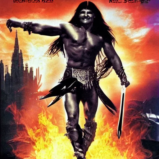 Image similar to tom cruise as conan the barbarian, molecular gastronomy, in the style of weird science movie poster artwork