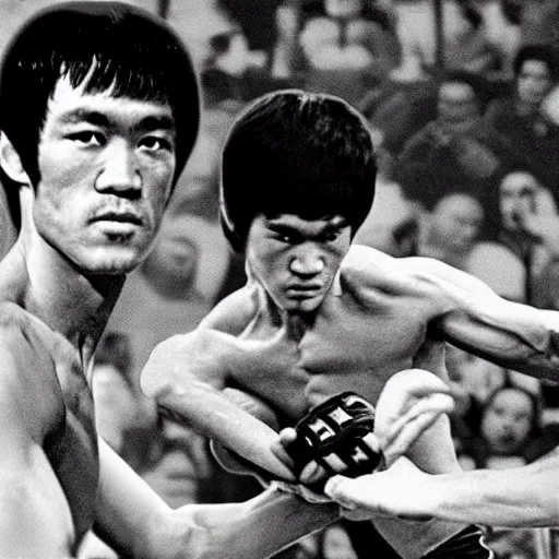 Image similar to Bruce Lee fights against Khabib Nurmagomedov in the UFC,