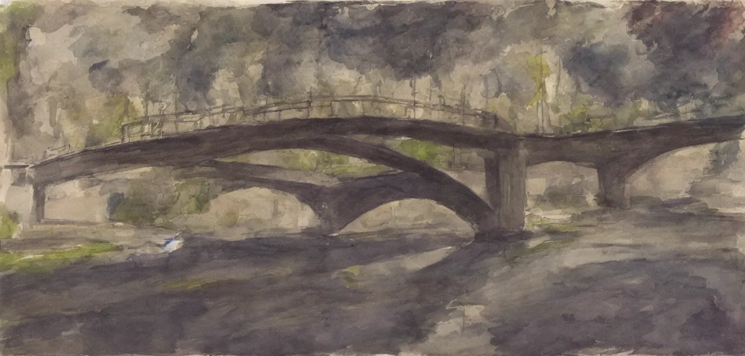 Image similar to bridge over a river , angular, splotches, soft outlines, high contrast, muted colours