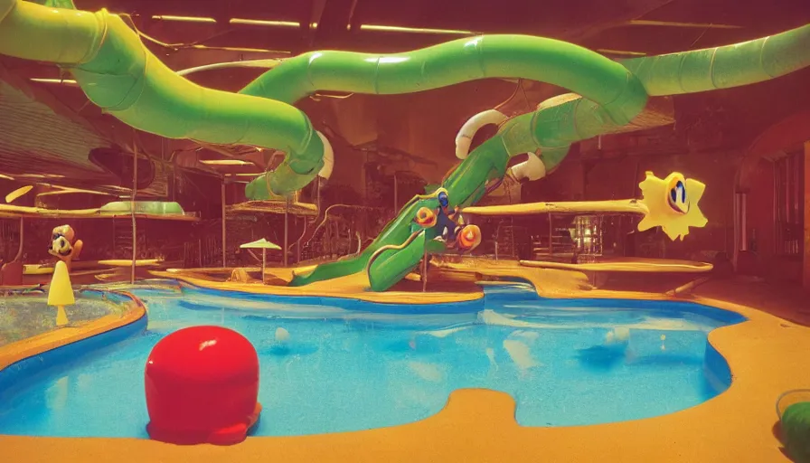 Prompt: 60s movie still of a Super Mario themed indoors swimming pool with plastic super mushrooms, green pipe water slides, plastic palm trees, cheap fluorescent lighting cinestill 800t 50mm eastmancolor, liminal Space style, heavy grain