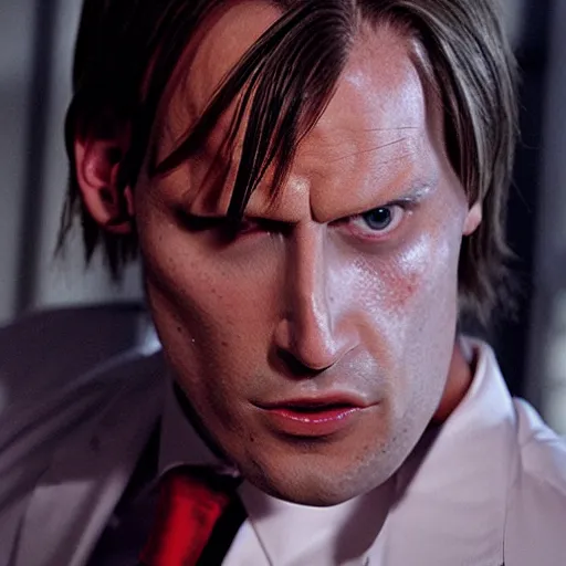 Image similar to Leon Kennedy from Resident Evil as The American Psycho, sweating intensely, cinematic still