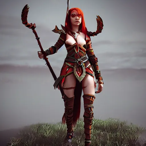 Prompt: beautiful redhead elf, warrior outfit, clash royal style characters, unreal engine 5, octane render, detailed, cinematografic, cinema 4 d