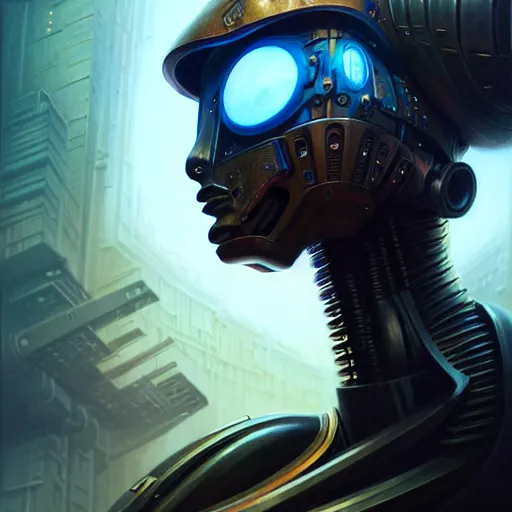 Image similar to low angle shot of a cyberpunk gazmask robot character, intricate, elegant, highly detailed, centered, digital painting, artstation, concept art, smooth, sharp focus, illustration, artgerm, Tomasz Alen Kopera, Peter Mohrbacher, donato giancola, Joseph Christian Leyendecker, WLOP, Boris Vallejo