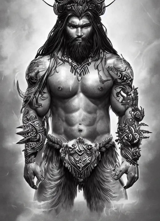 Prompt: a highly detailed illustration of serious long haired glowing tattooed asian tribal warrior god of the sea heroic battle pose, muscular, intricate, elegant, highly detailed, centered, digital painting, artstation, concept art, smooth, sharp focus, league of legends concept art, wlop.