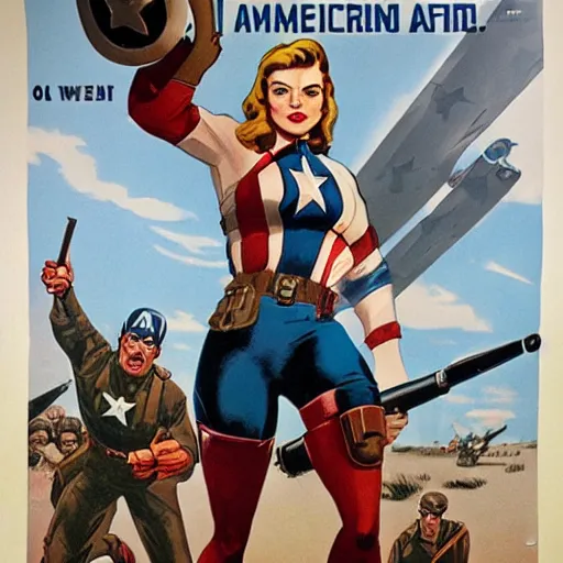 Image similar to female captain america. wwii american propaganda poster by james gurney. d - day