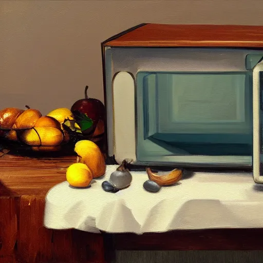 Prompt: A still life of a microwave, Gaspar Peeter, Max Carlier, oil painting, table, fruit bowl, glass window, (((Unreal Engine)))