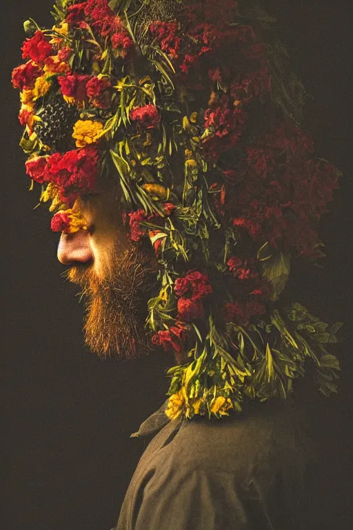 Image similar to a man's face in profile, long beard, made of flowers and fruit, in the style of the Dutch masters and Gregory crewdson, dark and moody