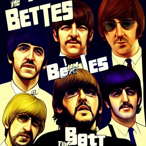 Prompt: The Beatles (1967) in GTA V, cover art by Stephen Bliss, artstation, no text