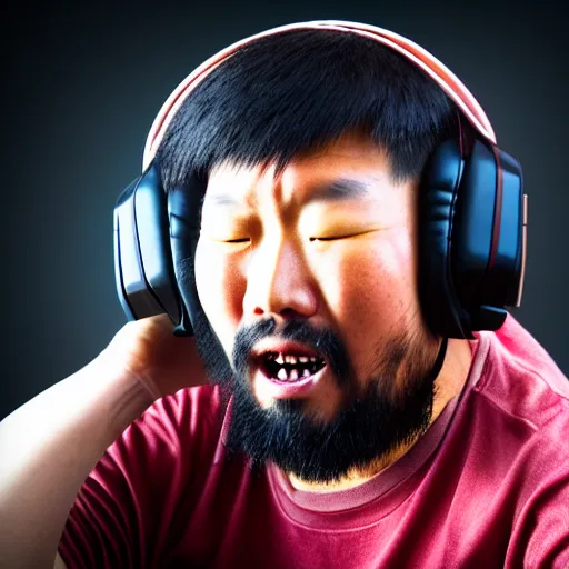 Prompt: Photo of Genghis Khan, wearing a headset, playing the game League of Legends, close-up, bored, sleep deprived, screaming, high detail, studio, 85mm Sigma Art Lens