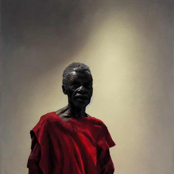 Prompt: a painting of a elder African man by Lynette Yiadom-Boakye . dramatic angle, ethereal lights, details, smooth, sharp focus, illustration, realistic, cinematic, artstation, award winning, rgb , unreal engine, octane render, cinematic light, macro, depth of field, blur, red light and clouds from the back, highly detailed epic cinematic concept art CG render made in Maya, Blender and Photoshop, octane render, excellent composition, dynamic dramatic cinematic lighting, aesthetic, very inspirational, arthouse.