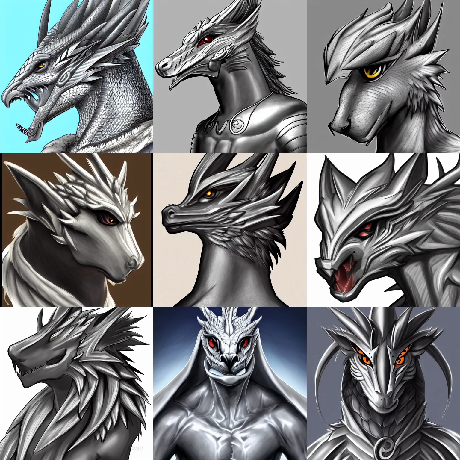 Prompt: a handsome noble anthro silver dragon with silver skin, bust profile picture commission on furaffinity