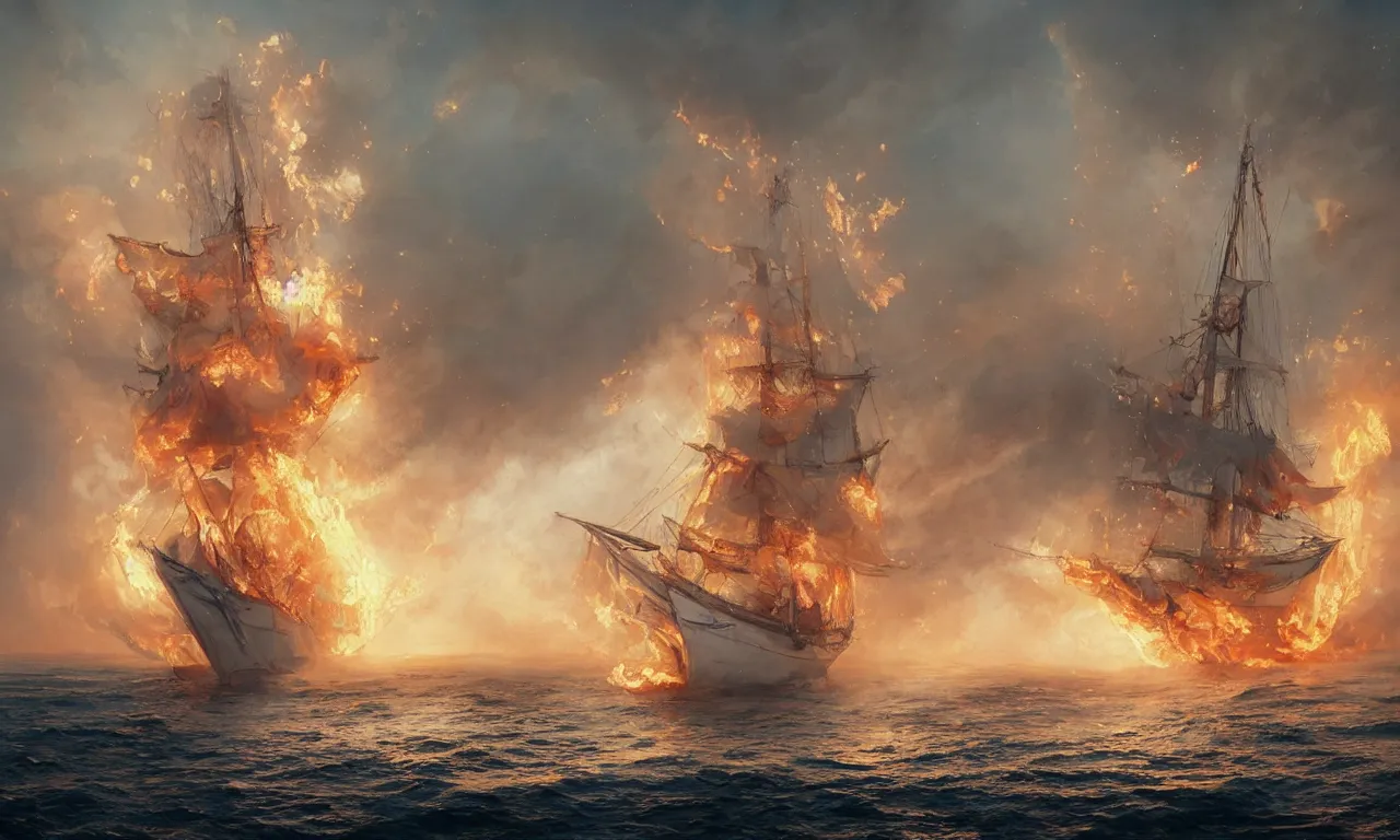 Image similar to a beautiful digital painting of a white caravel on fire flying in the clouds, firestorm of embers in the sunlight, rain of flames numerous burning ropes and intricated sails, blue sky at sunset, elegant, highly detailed, artstation, concept art, matte, sharp focus, art by tom bagshaw, kelogsloops and greg rutkowski