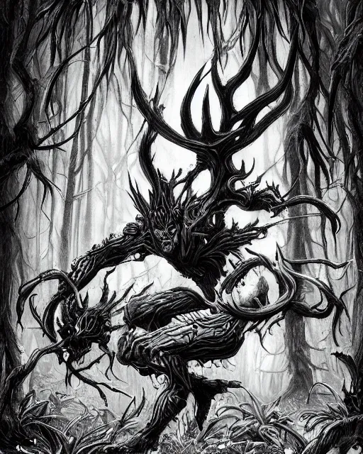 Prompt: A forest elemental, terrifying, black and white, fantasy art, monster art, in the style of masami kurumada, illustration, epic, fantasy, intricate, hyper detailed, artstation, concept art, smooth, sharp focus, ray tracing