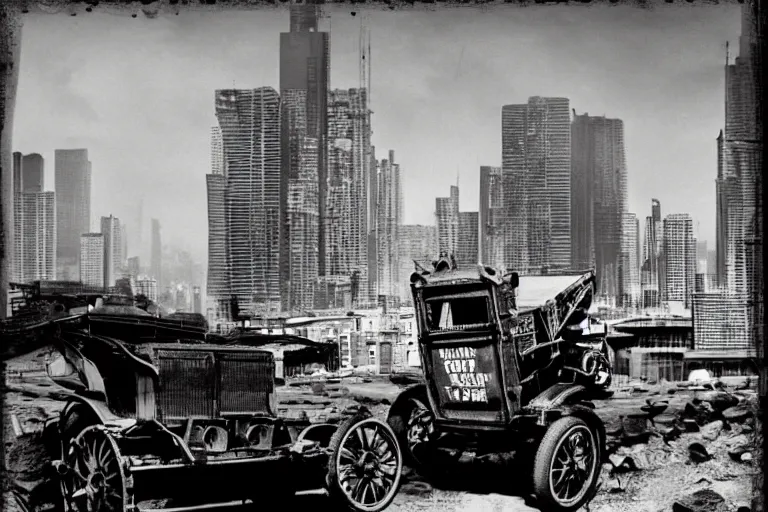 Prompt: cyberpunk 1 9 0 8 model ford t by paul lehr, metropolis, parked by view over city, vintage film photo, robotic, black and white photo