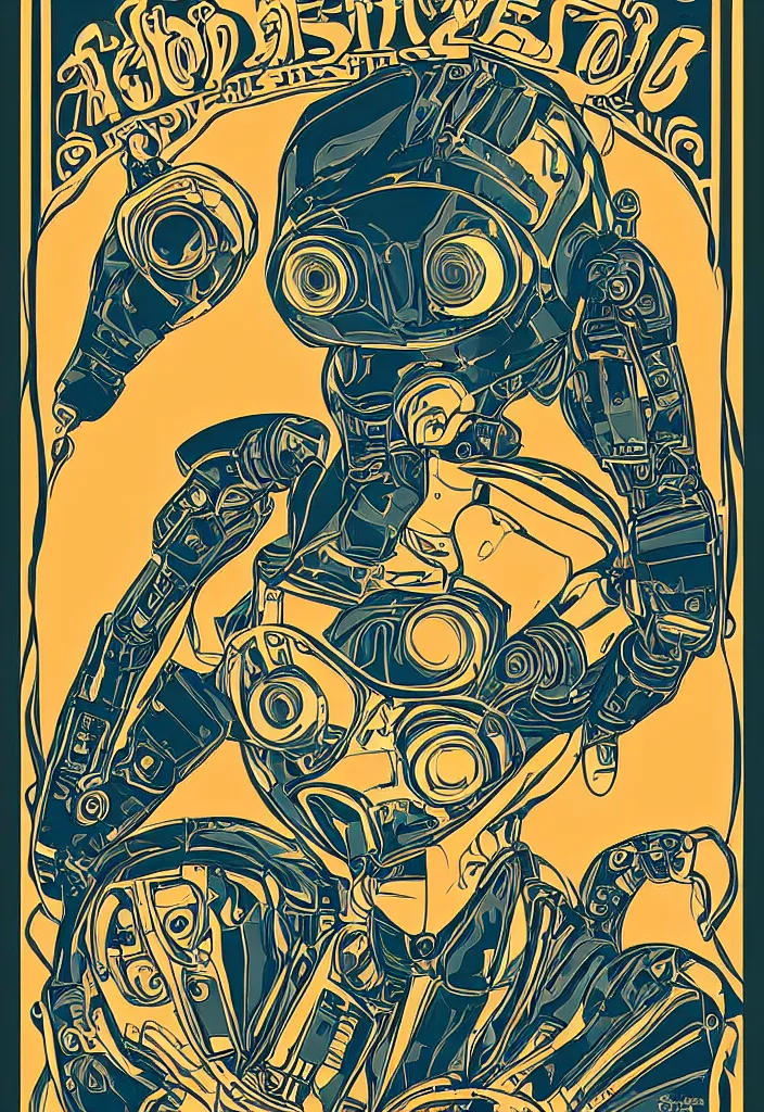 Prompt: Art nouveau robot portrait poster